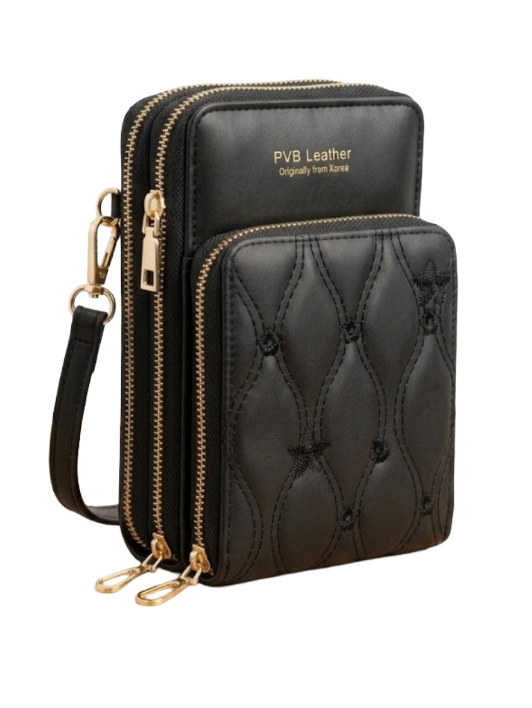 Buddy Cares PVB Leather Quilted Sling Bag for Women – Black Crossbody Bag with Silver-Tone Zippers