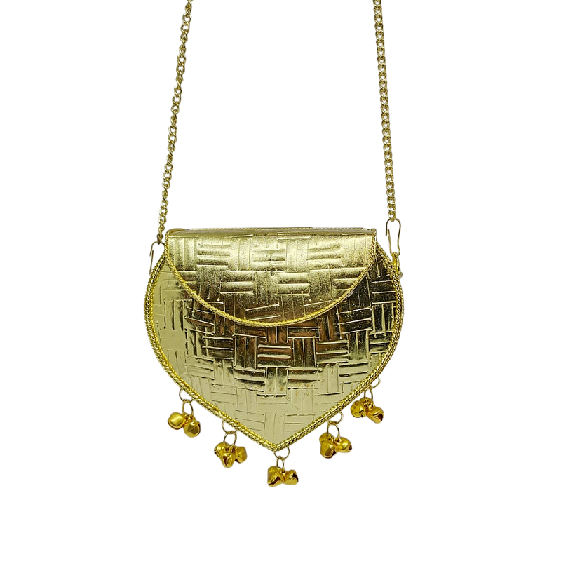 Buddy Cares Metal Gold Crossbody Bag with Chain Strap and Bell Charms, Woven Texture Sling Purse – Heart – Buddy Cares