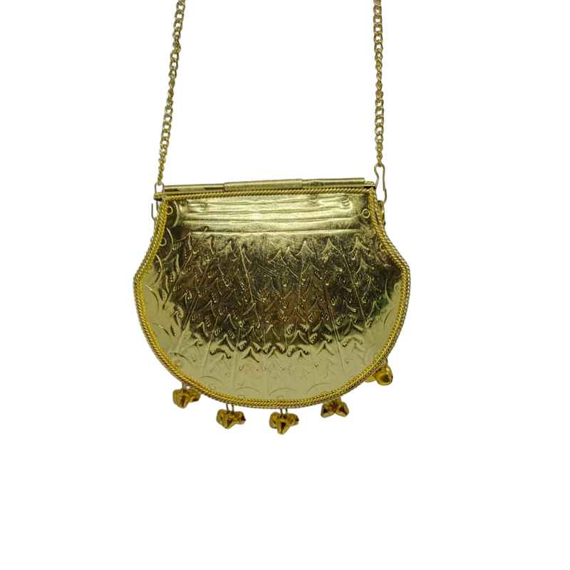 Buddy Cares Metal Gold Crossbody Bag with Chain Strap and Bell Charms, Woven Texture Sling Purse – Round – view 6 – Buddy Cares