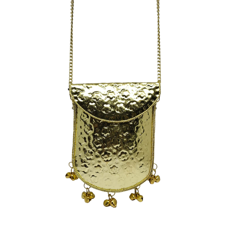 Buddy Cares Metal Gold Crossbody Bag with Chain Strap and Bell Charms, Woven Texture Sling Purse – Mobile Pouch Shape – Buddy Cares