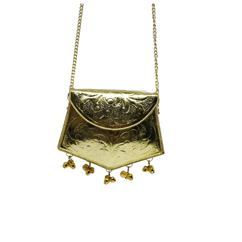 Buddy Cares Metal Gold Crossbody Bag with Chain Strap and Bell Charms, Woven Texture Sling Purse – Shield Shape – Buddy Cares