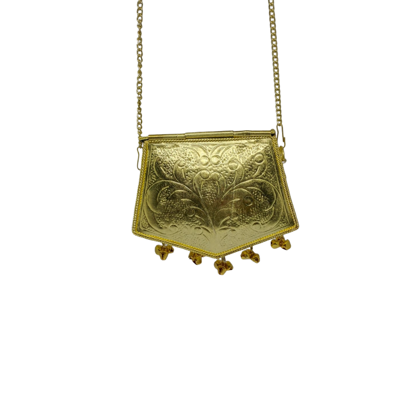 Buddy Cares Metal Gold Crossbody Bag with Chain Strap and Bell Charms, Woven Texture Sling Purse – Shield Shape – view 6 – Buddy Cares