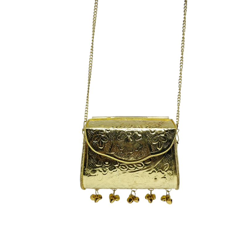 Buddy Cares Metal Gold Crossbody Bag with Chain Strap and Bell Charms, Woven Texture Sling Purse – Rectangular – Buddy Cares