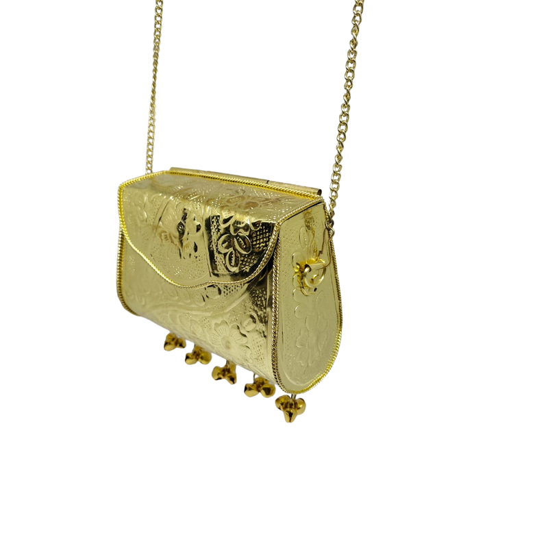 Buddy Cares Metal Gold Crossbody Bag with Chain Strap and Bell Charms, Woven Texture Sling Purse – Rectangular – view 4 – Buddy Cares