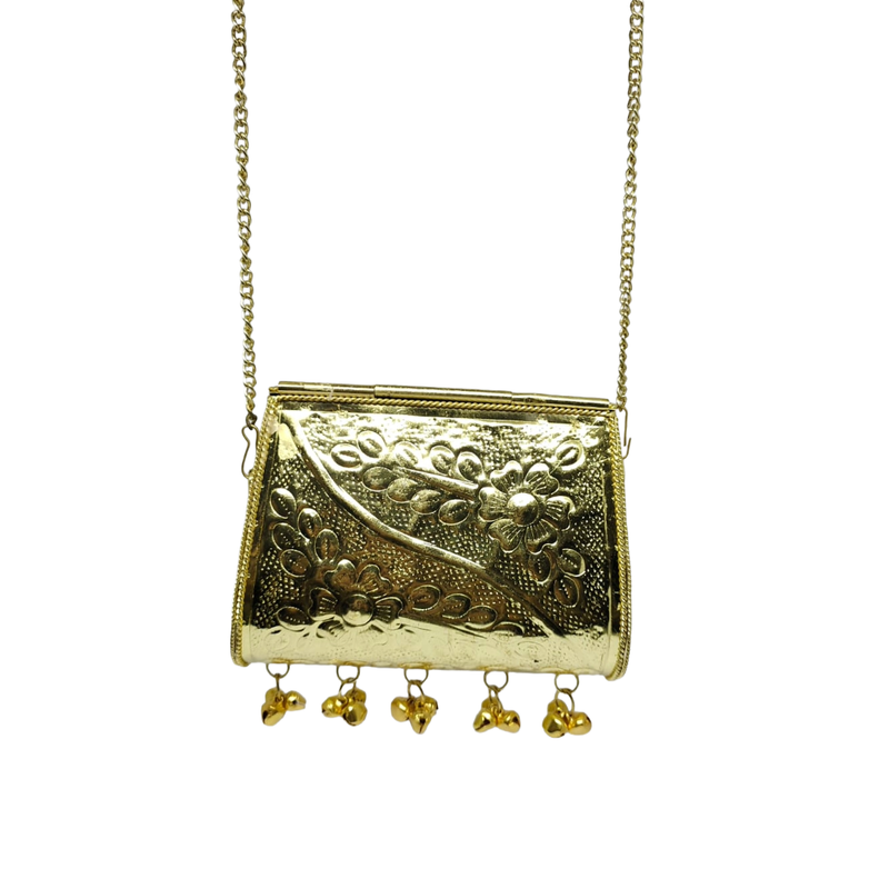 Buddy Cares Metal Gold Crossbody Bag with Chain Strap and Bell Charms, Woven Texture Sling Purse – Rectangular – view 5 – Buddy Cares