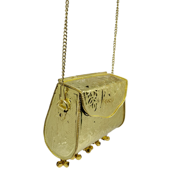 Buddy Cares Metal Gold Crossbody Bag with Chain Strap and Bell Charms, Woven Texture Sling Purse – Rectangular – view 6 – Buddy Cares