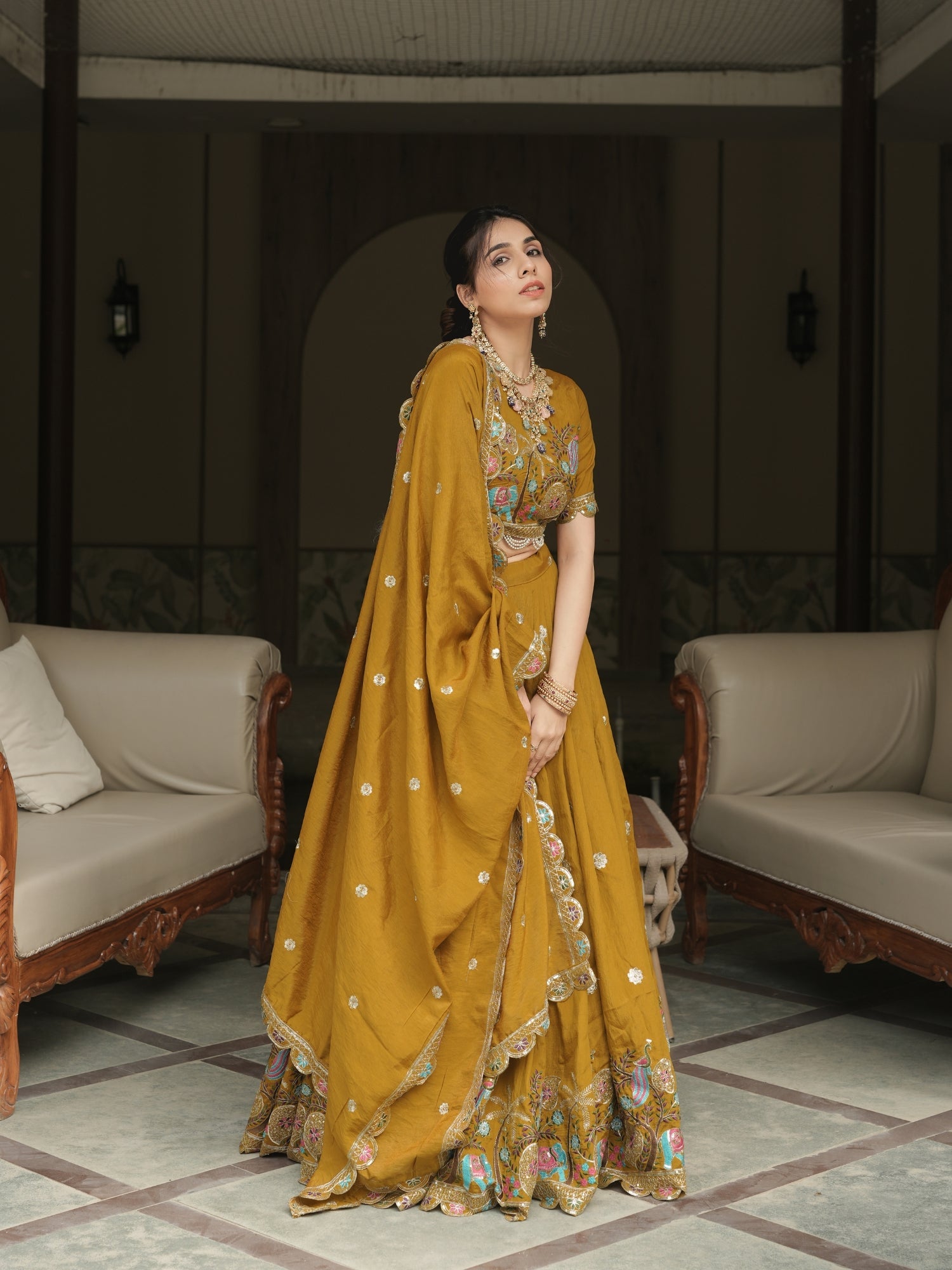Mustard Color Thread Embroidery Work Lehenga Choli With Sequence Work