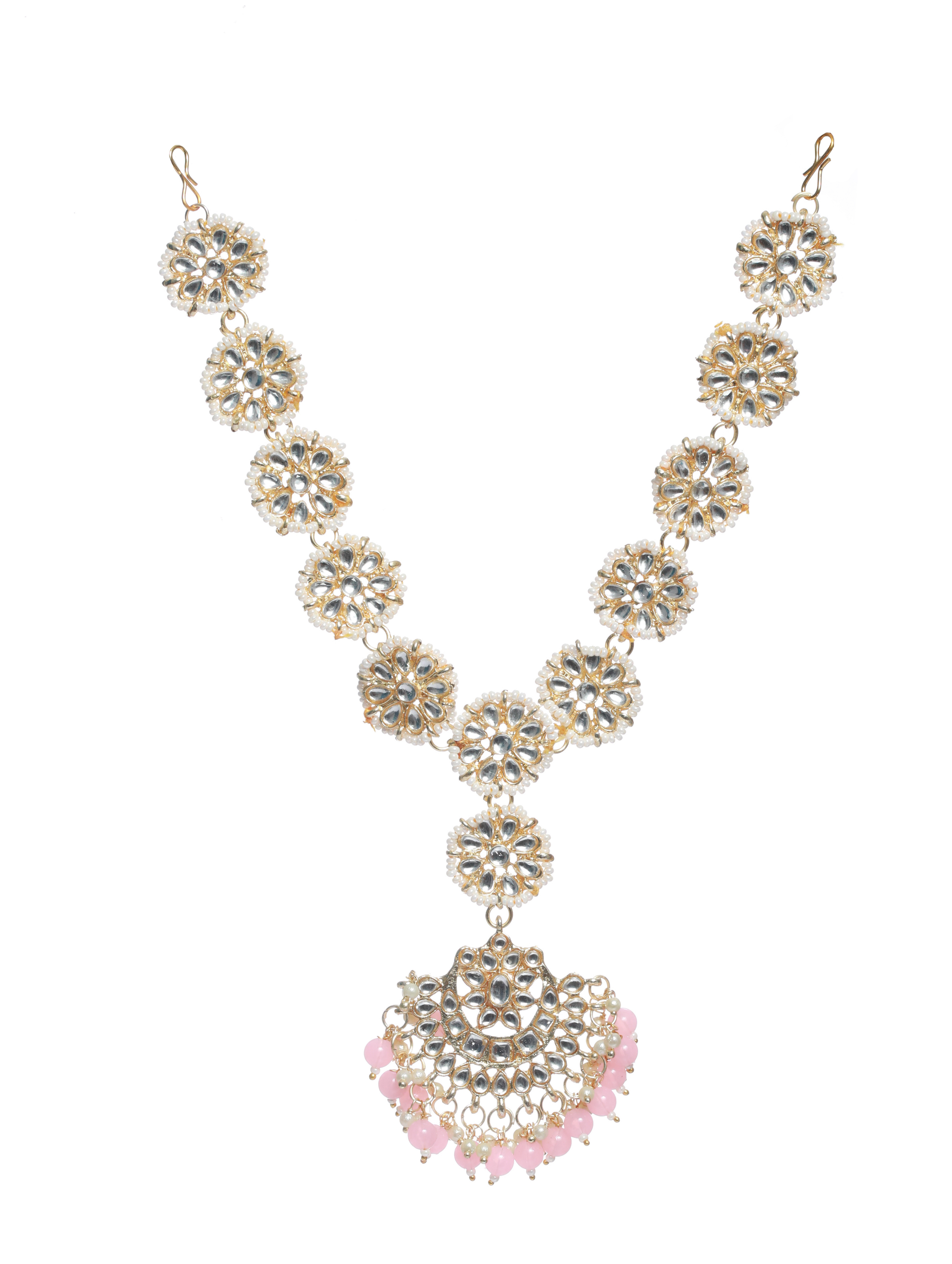 Gold-Plated Pink Kundan & Pearls Handcrafted Mathapatti Bridal Head Jewellery