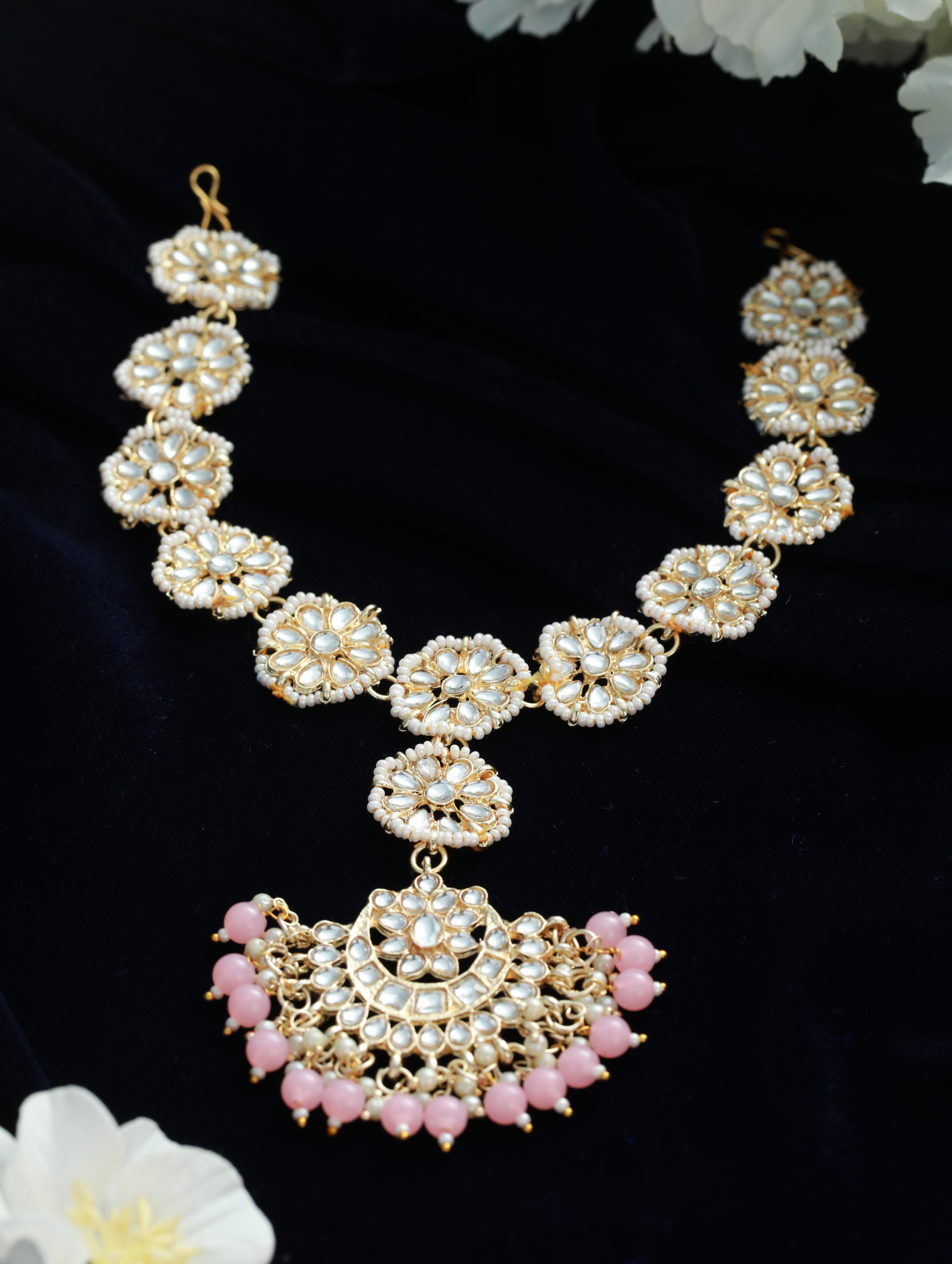 Gold-Plated Pink Kundan & Pearls Handcrafted Mathapatti Bridal Head Jewellery