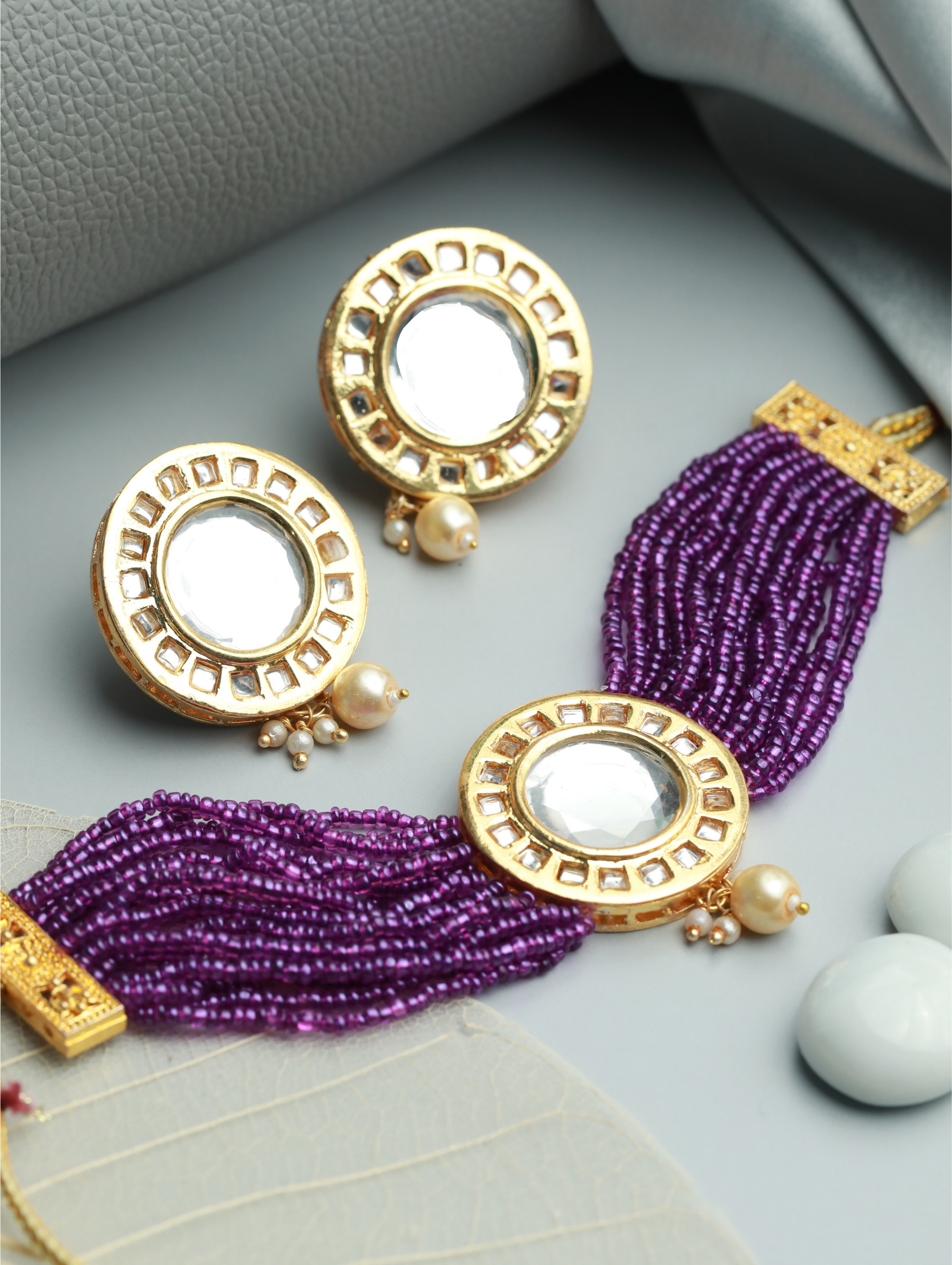 Gold Plated Round Kundan Studded & Purple Beaded Handcrafted Choker Jewellery Set