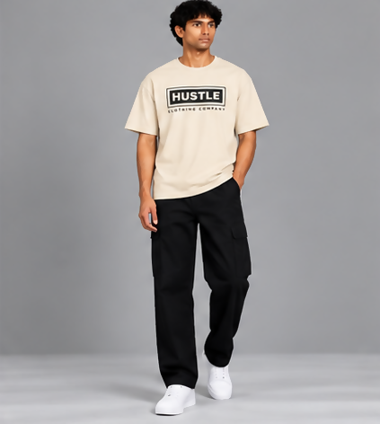 HUSTLE Men's Crew Neck Oversized T-Shirt – Cream(Oversized fit)