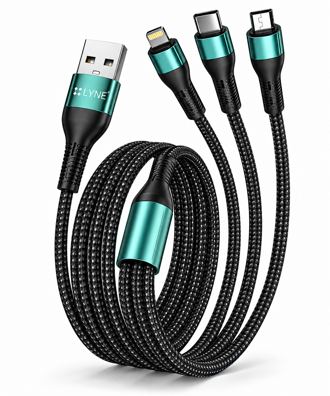 LYNE Flexy 63 Startup-59 3-in-1, 120W Super VOOC Data Cable – Type-C + Lightning + Micro USB, 1.2 Metre, Black