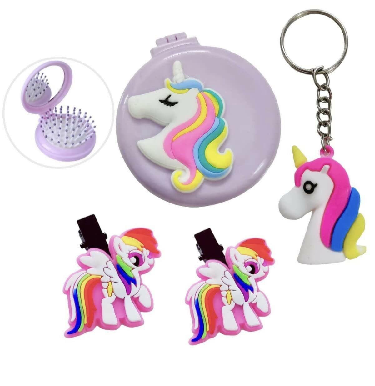 Unicorn Theme Hair Brush ,2 Hair Clips ,Keychain (Pack Of 4) - HalfPe