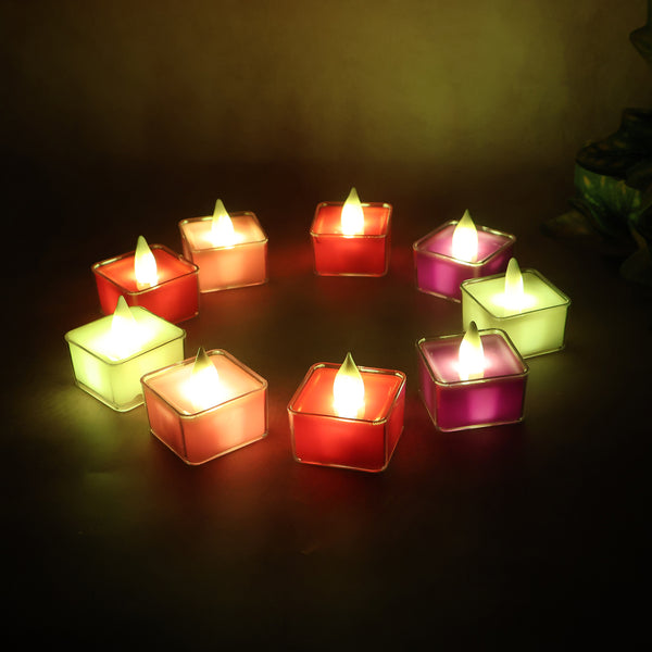Square LED Flameless Decorative Tealight Candles with Battery Operated Multicolor Lights with Flickering Flame Effect - (9 Pc  Set)