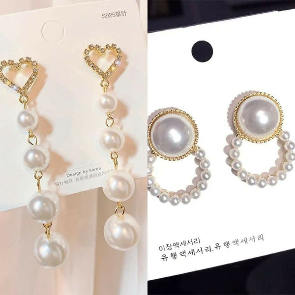 Elegant Pearl Dangle & Stud Earrings Set Heart & Circle Designs