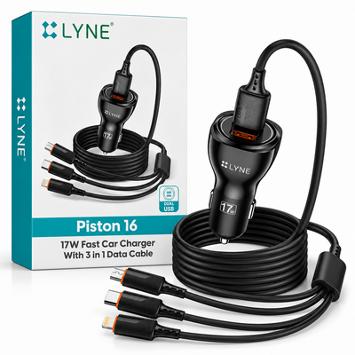 LYNE Piston 16 – 17W Fast Car Charger with 3-in-1 Data Cable & Dual USB Ports