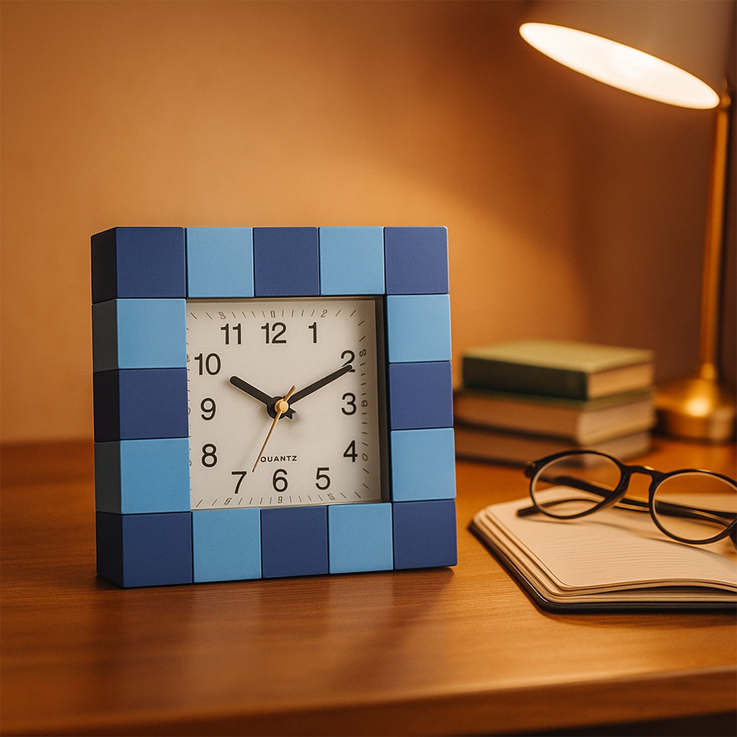 Square Quartz Table Clock – Bold Block-Pattern Frame, Easy-Read Dial, Battery-Operated Analog Desk Clock for Home - (1 Pc)