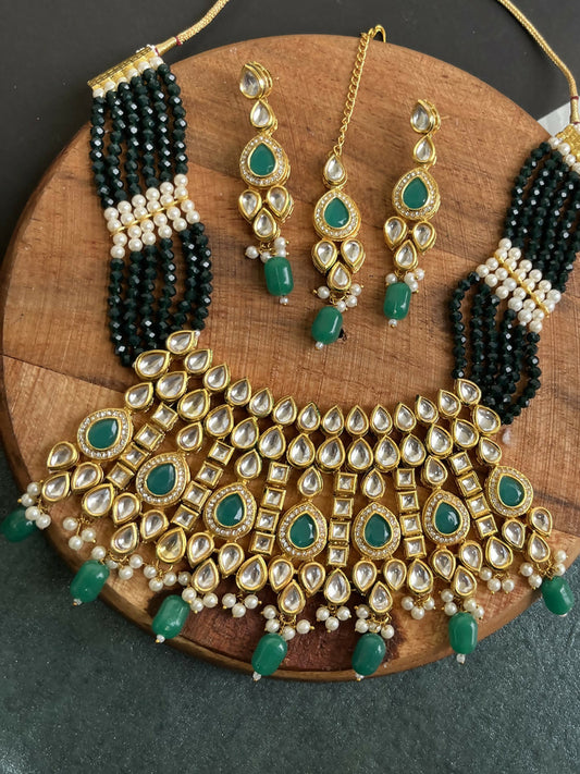 Meenakari kundan choker with 22k gold plated and green, white stones