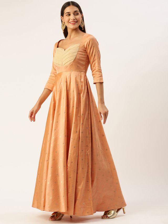 Bollywood Vogue Ready To Wear Peach Art Silk Jacquard Pleated Yoke Gown