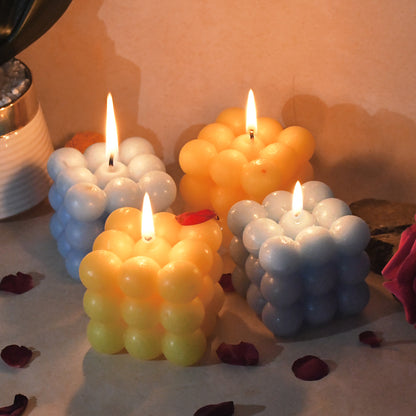 Set of 4 Colorful Cube Shaped Wax Candles – Decorative Ball Candles in Blue and Yellow for Home and Festival Decoration