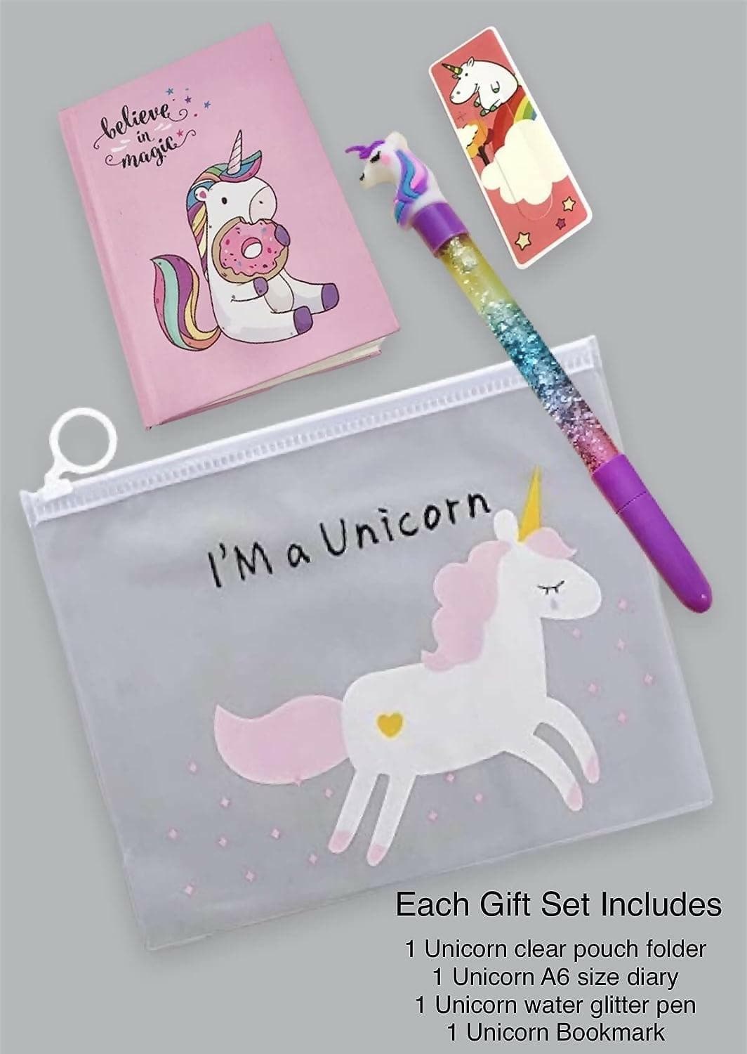 Unicorn Gift Set Of Clear Folder Pouch , A6 Diary , Pen And Bookmark (Pack Of 4) - HalfPe