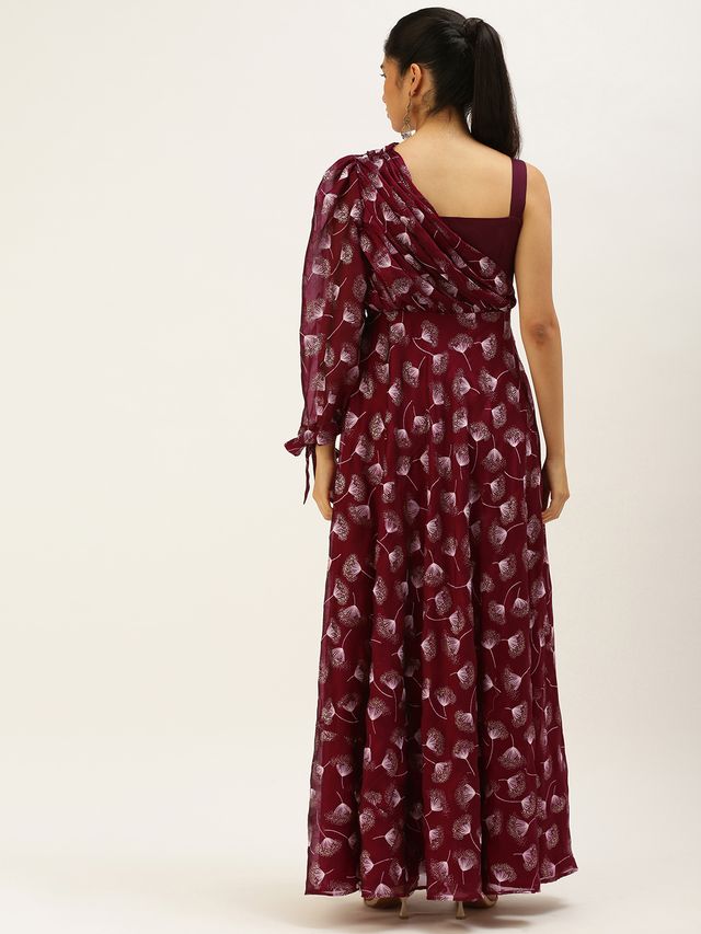 Bollywood Vogue Ready To Wear Maroon Foil Printed Maxi Dress