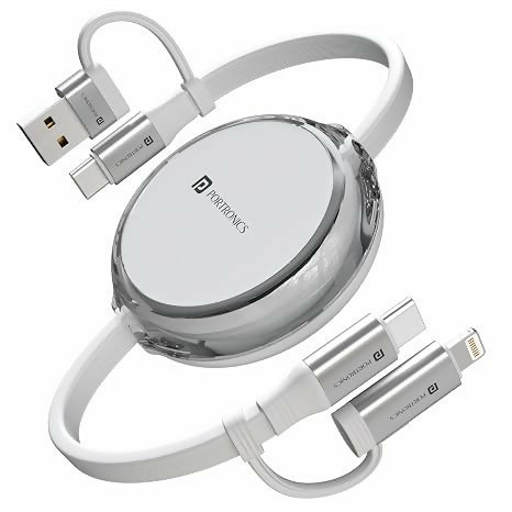 Portronics 60W Quadline 4-In-1 Multifunctional Fast Charging Retractable Cable With Multiple Port & Strong Heads, Strong, Type C, Lightening, USB A, Fast Data Sync, 1M Cable Length (White)