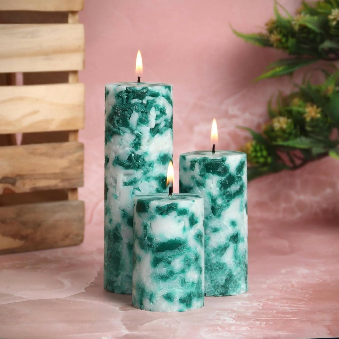 PROSPERRO LUMO Paraffin Wax By Parkash Candles Set Of 3 Fragrance Pillar Candles Marble Finish (Green Apple) - HalfPe