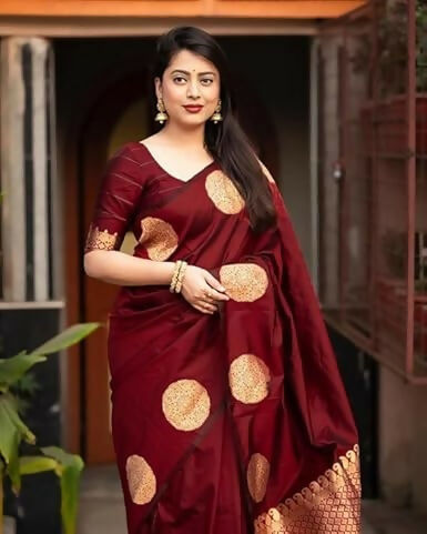 AXONIT Traditional Banarasi Silk Saree with Golden Zari Border & Pallu