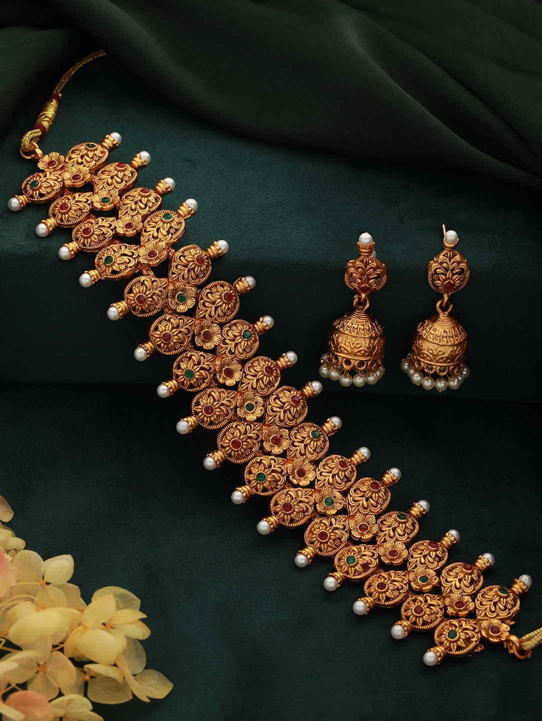 24Kt Gold-Plated Stone-Studded & Beaded Temple Necklace & Earrings