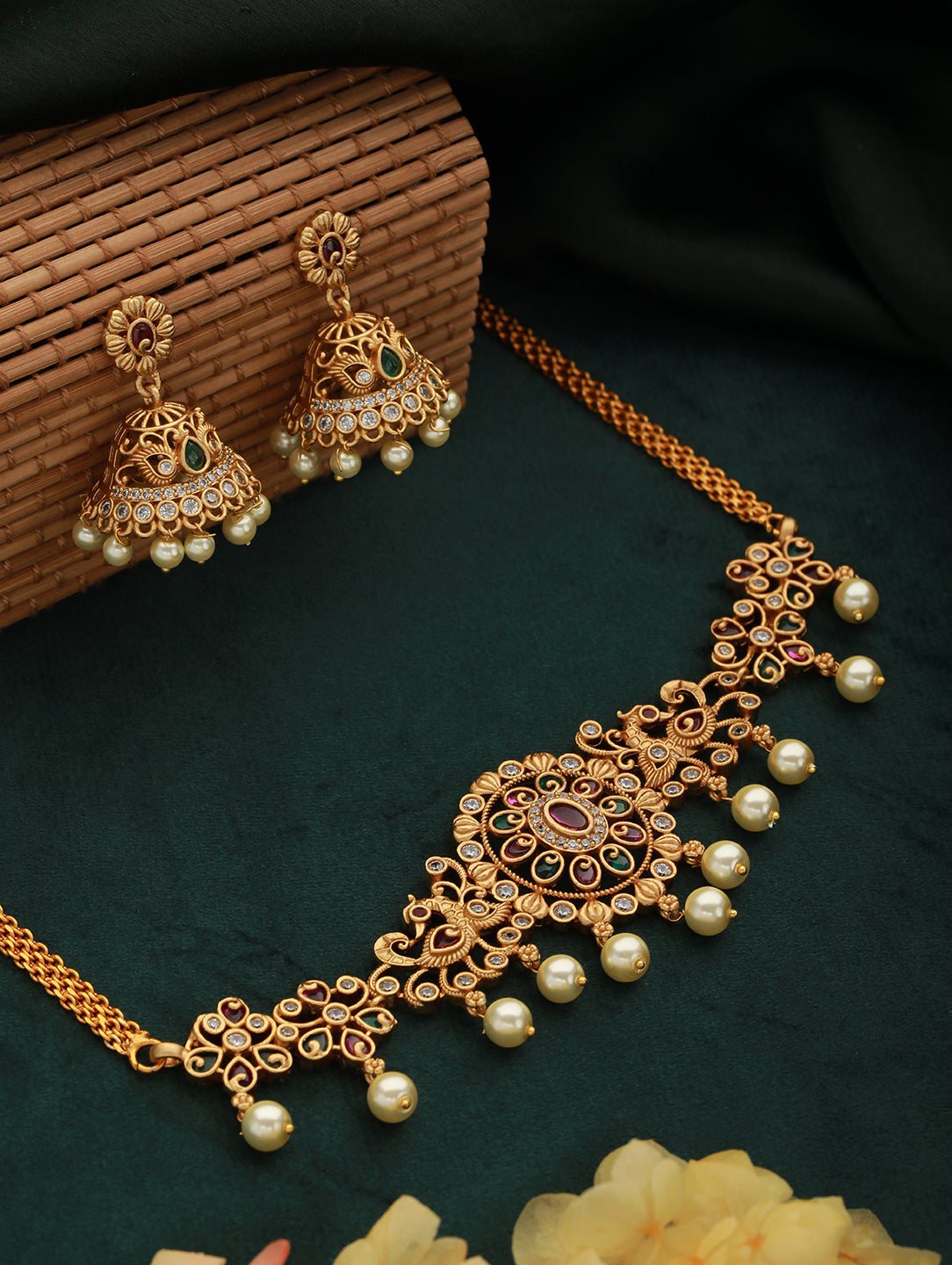 24K Gold-Plated Ad Studded & Artificial Beaded Jewellery Set
