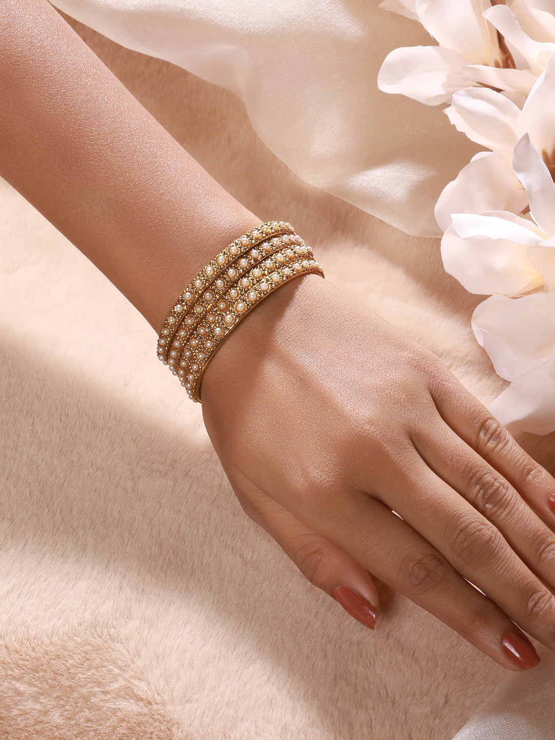 Set Of 2 Gold-Plated Bold Pearl-Studded Bangles