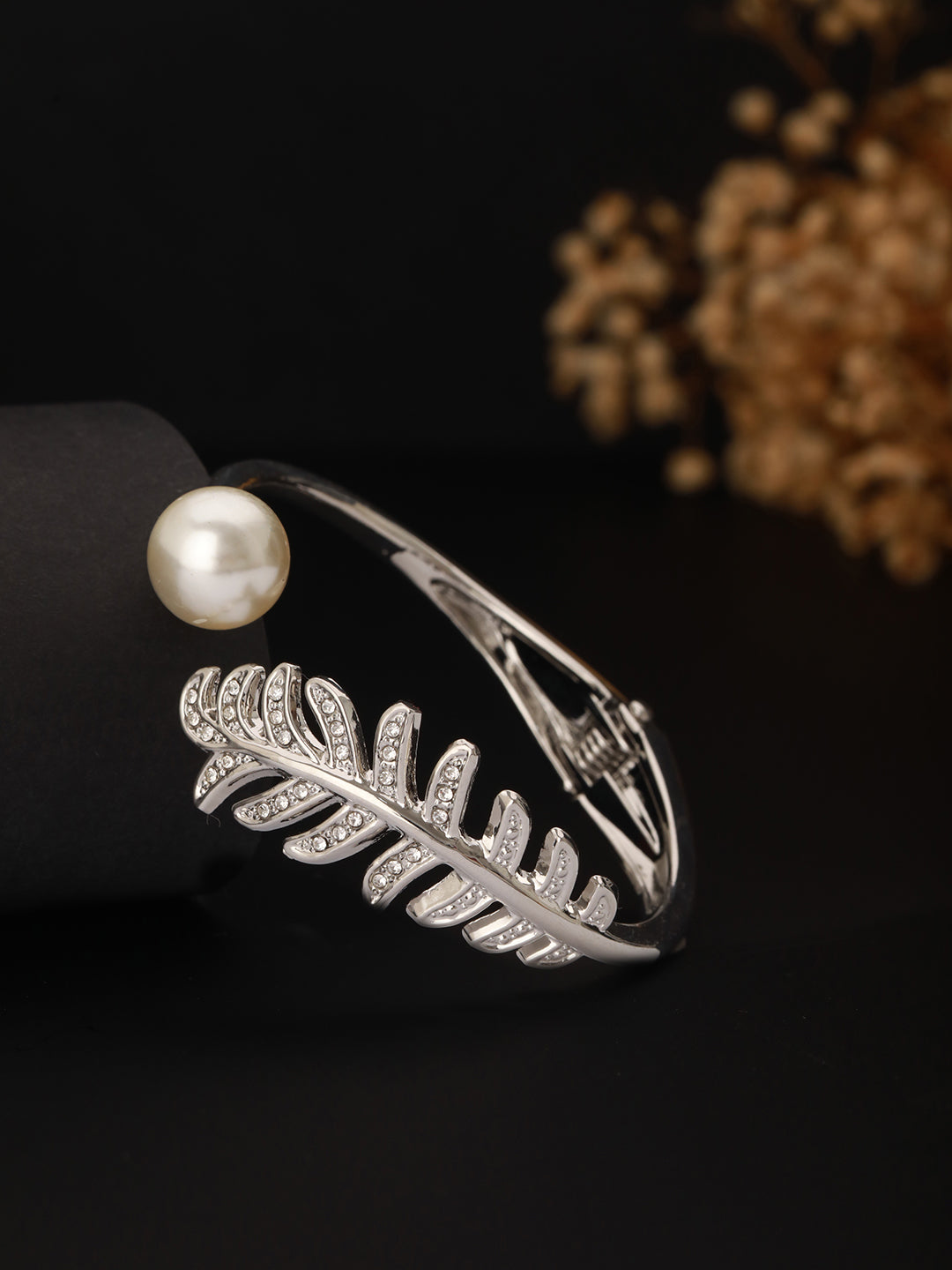 Women Silver-Toned & White Brass Pearls Silver-Plated Cuff Bracelet