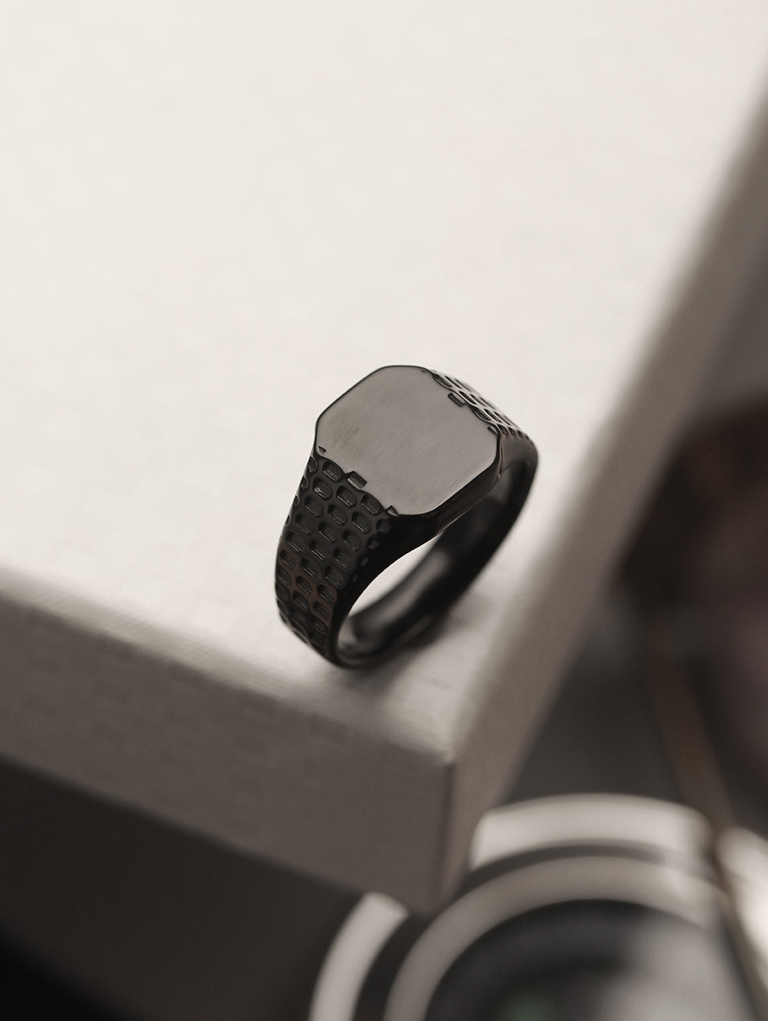 Men Black Bold & Textured Stainless Steel Band Finger Ring