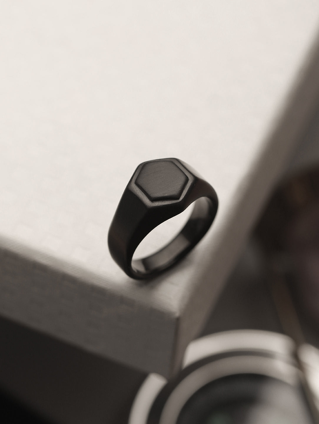 Men Black Hexagon Shaped Stainless Steel Band Finger Ring