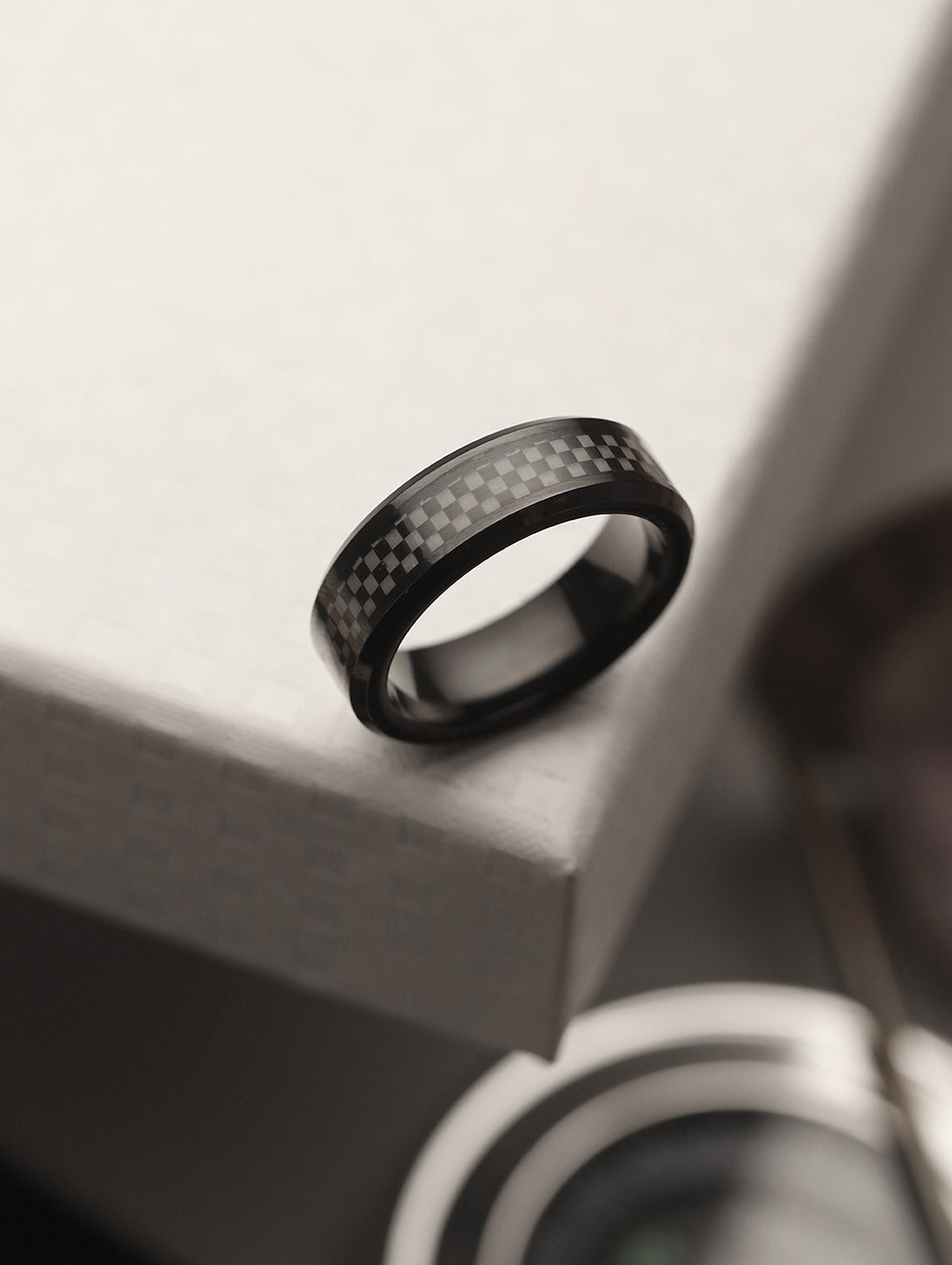 Men Black Checked Stainless Steel Band Finger Ring
