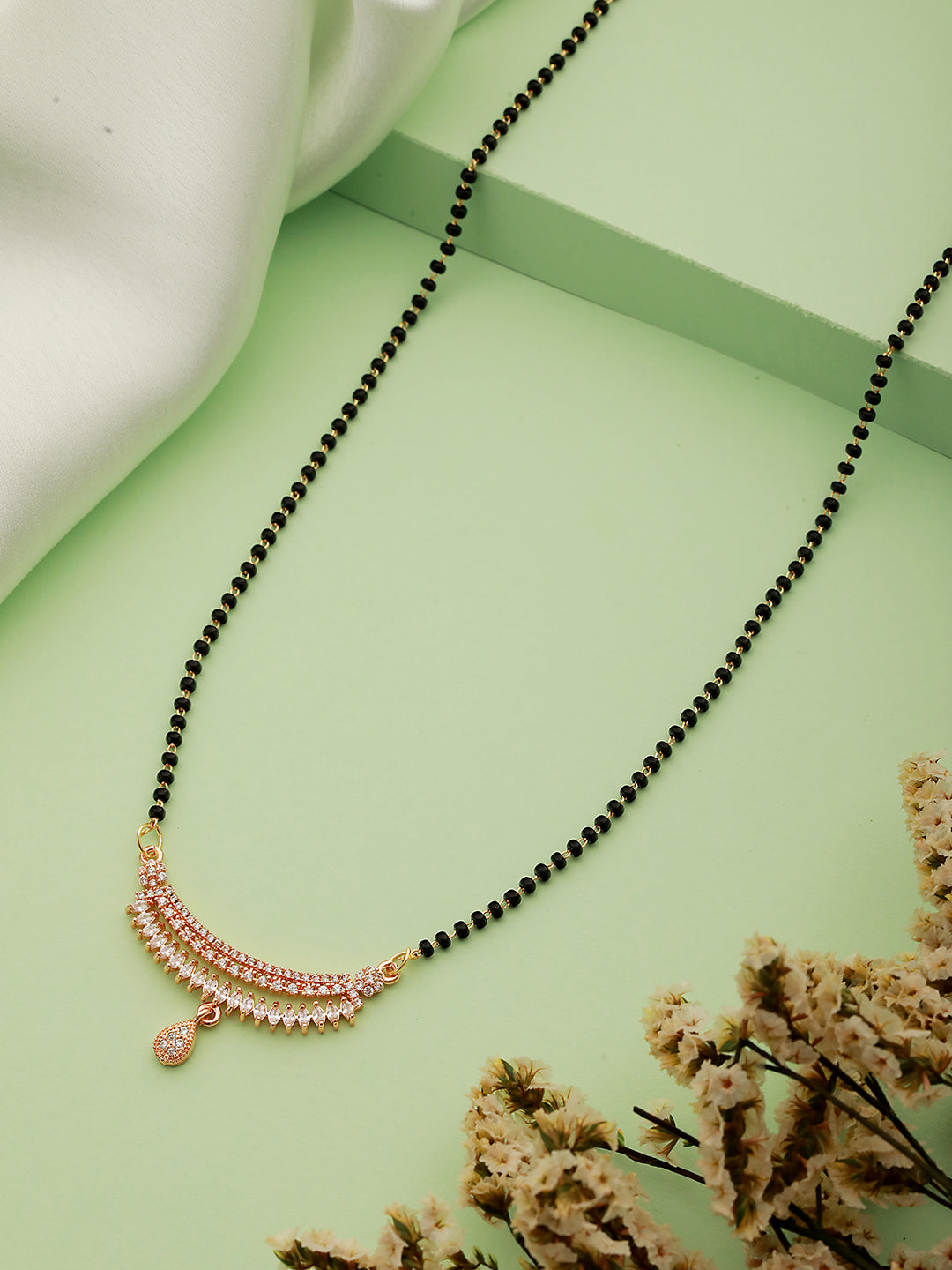 Rose Gold Plated Cubic Zirconia Stone Studded & Beaded Mangalsutra