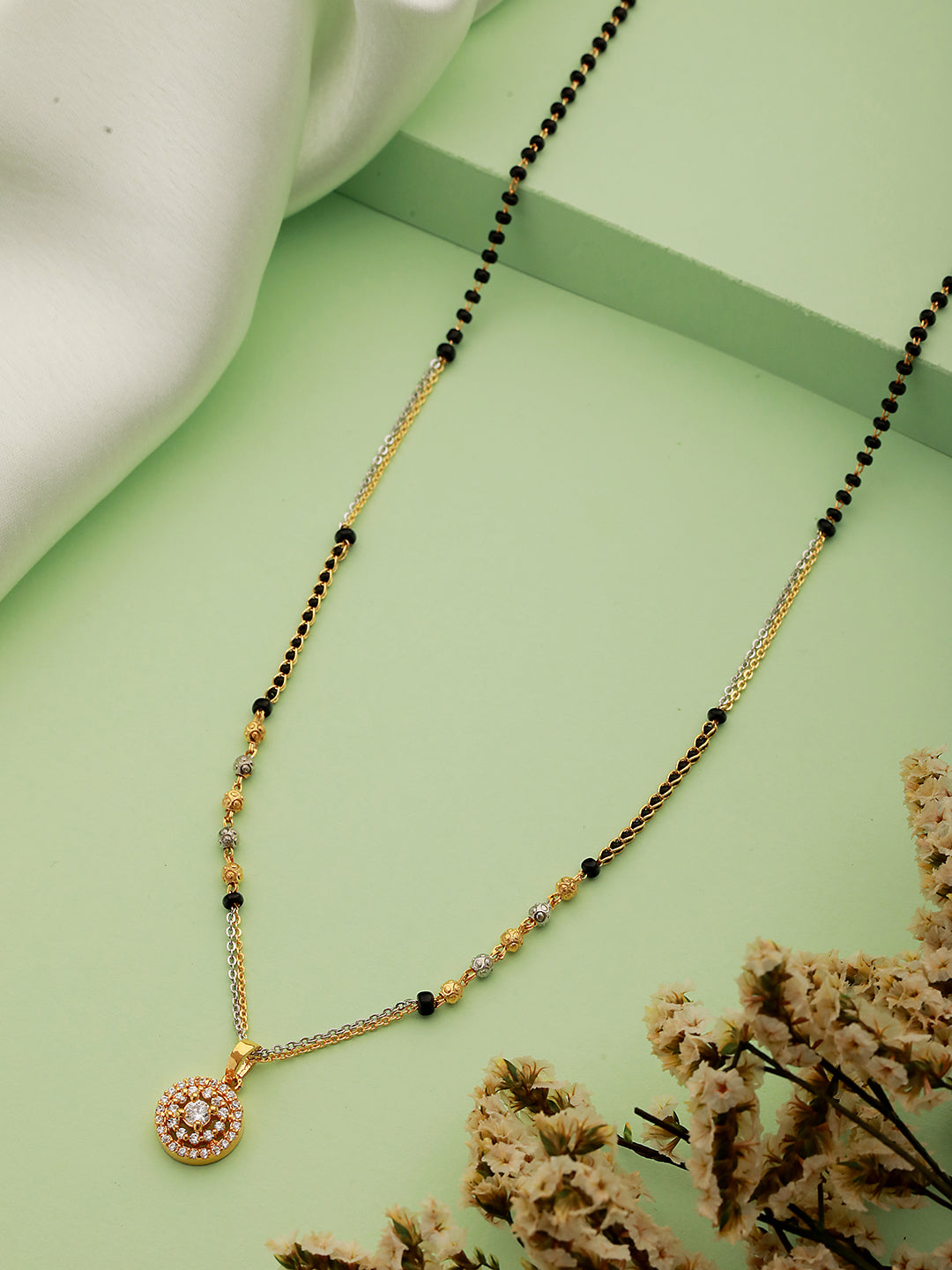 Rosegold-Plated White Ad-Studded & Black Beaded Round Shaped Mangalsutra