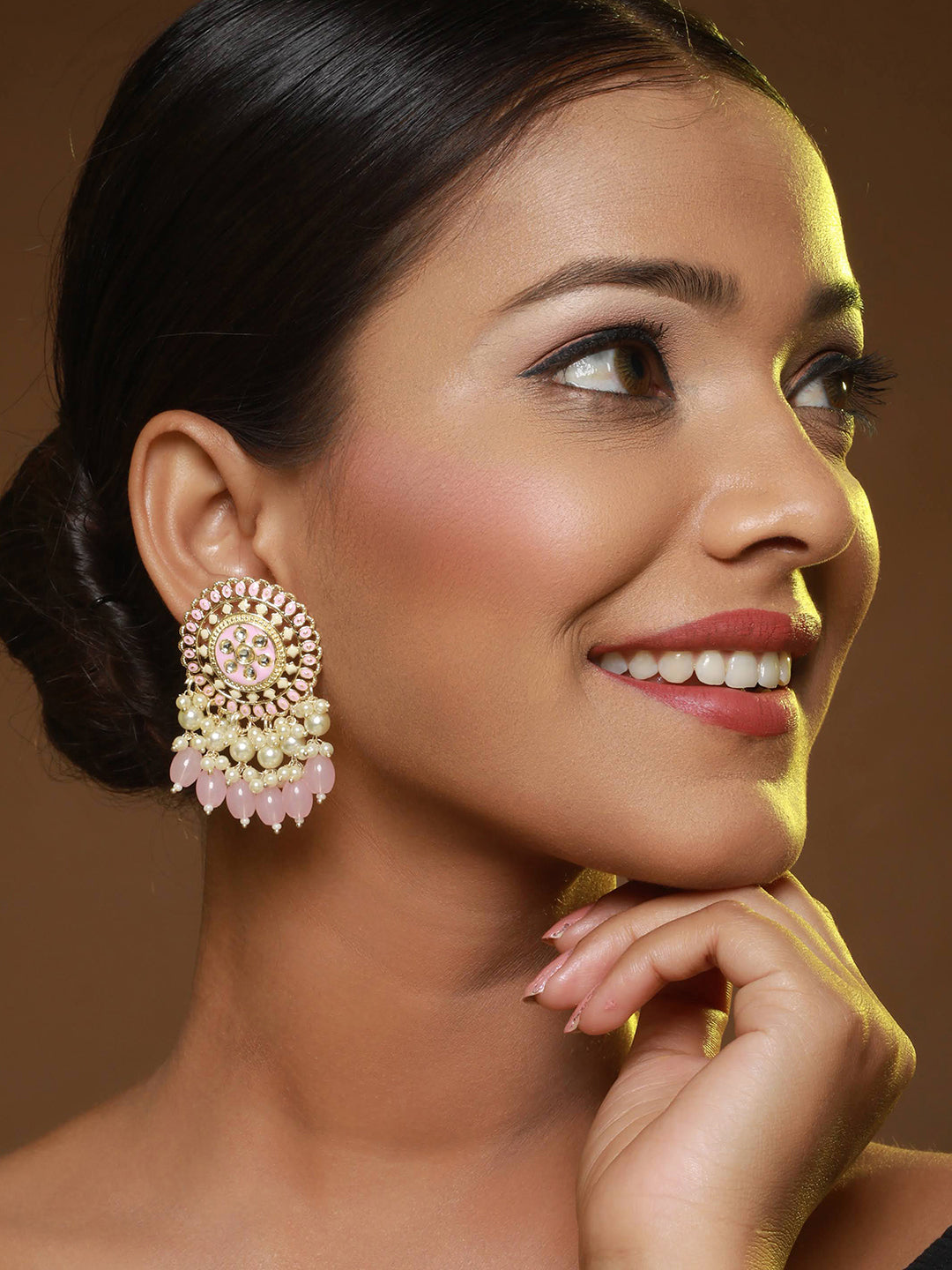 Gold-Plated & Pink Enameled & Pearl Beaded Contemporary Drop Earrings