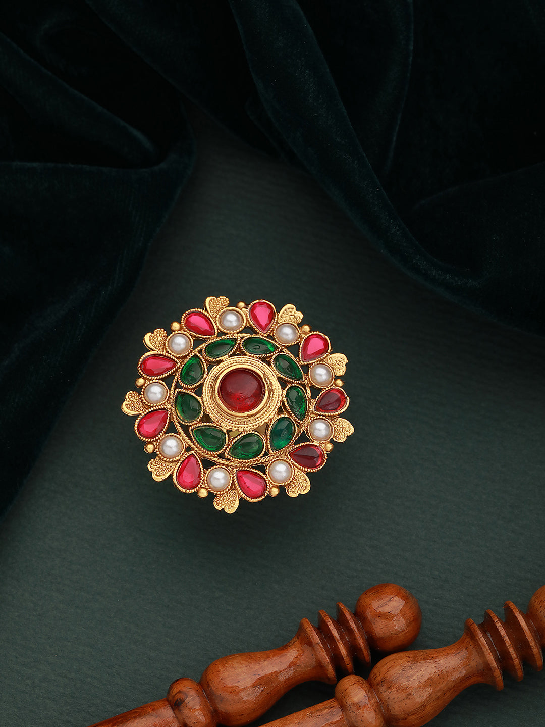 Gold Plated Stone Studded & Beaded Adjustable Finger Ring