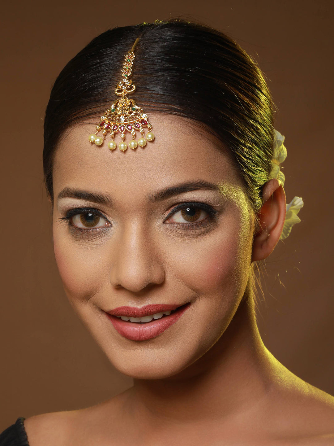 Gold-Plated Red & Green Ad Studded & Pearl Laksmi Maang Tikka