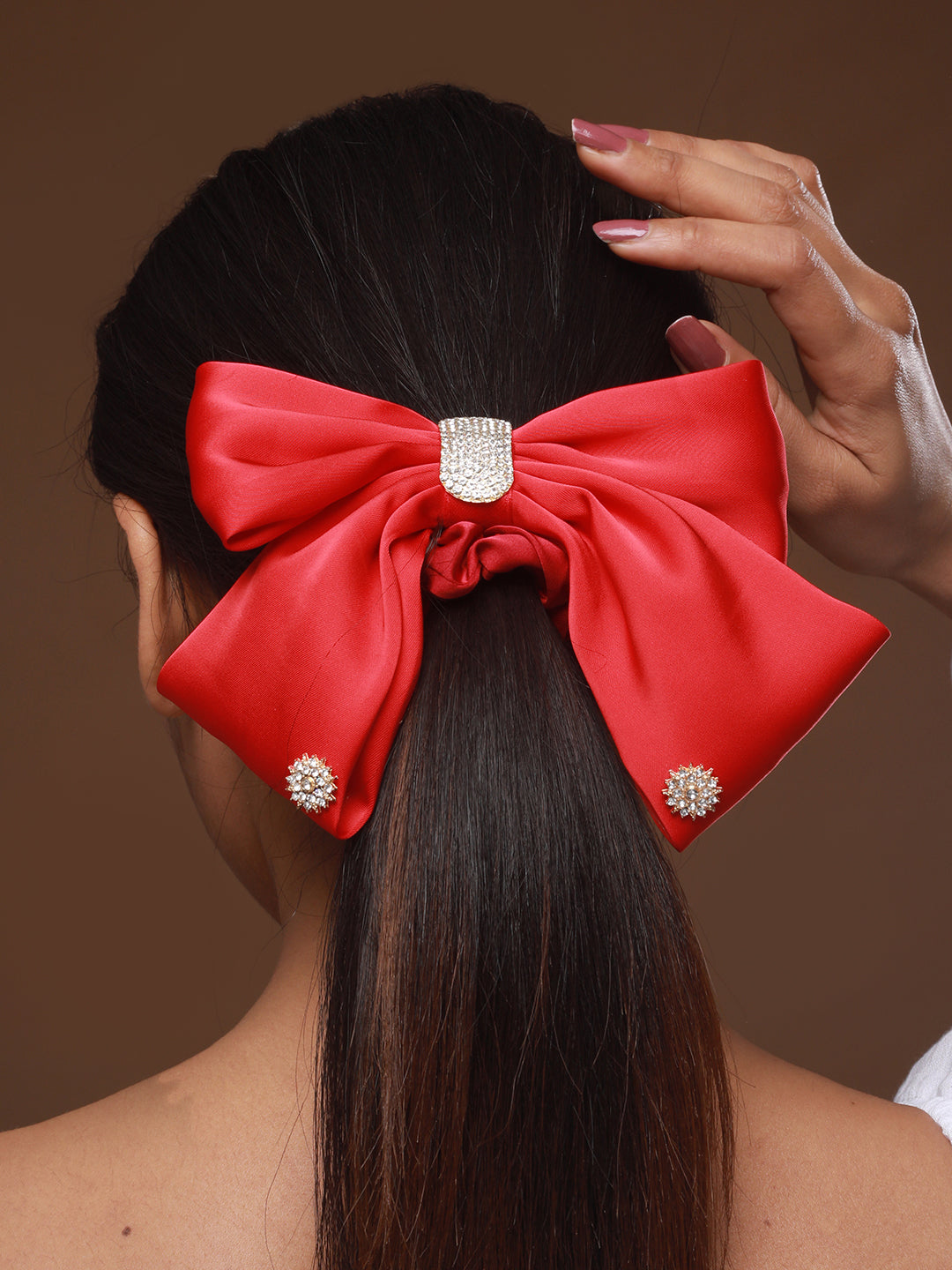 Women Red Cz Studded Embellished Ponytail Holder