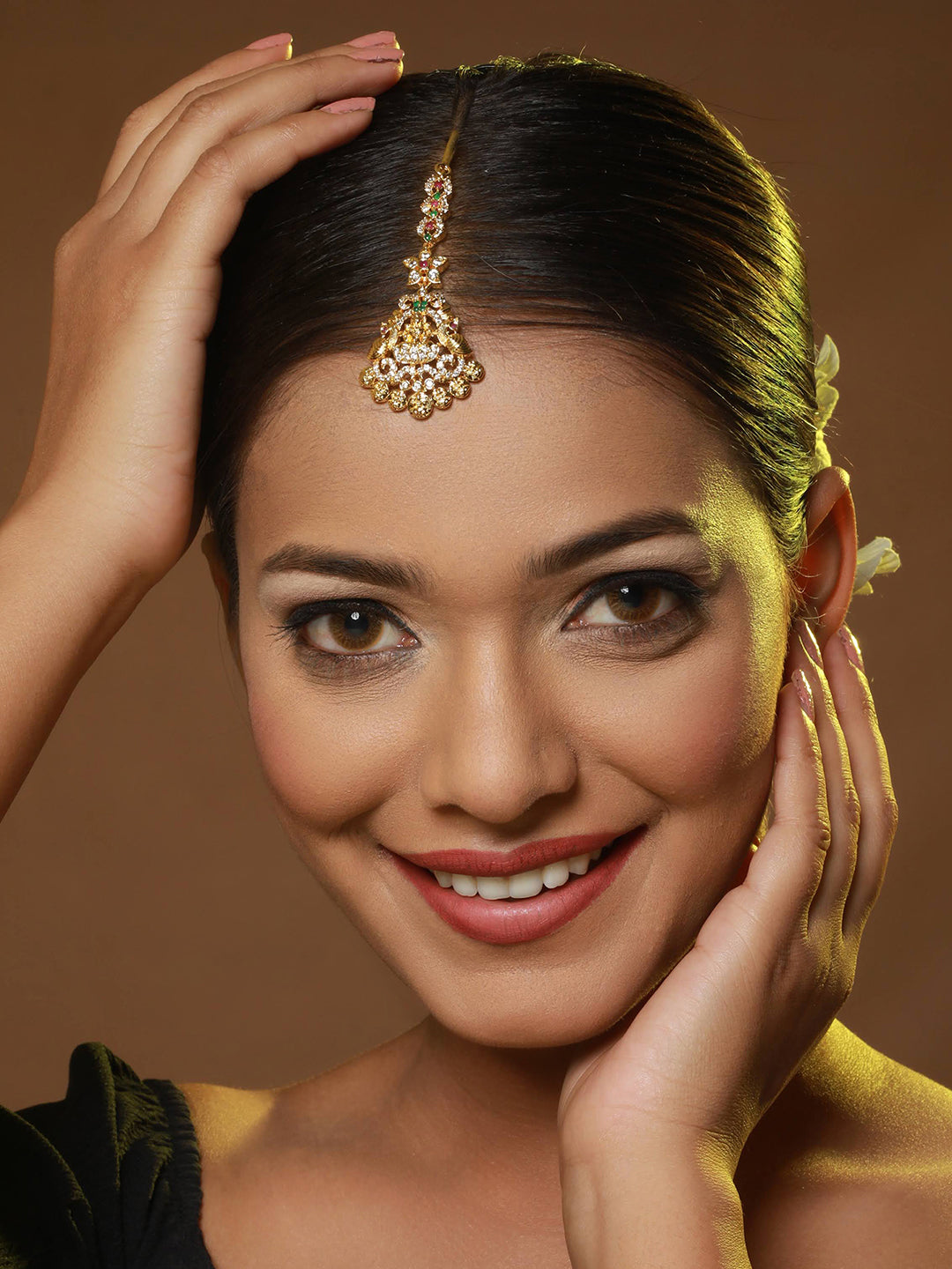 Gold-Plated White & Red Ad Studded & Pearl Peacock Maang Tikka