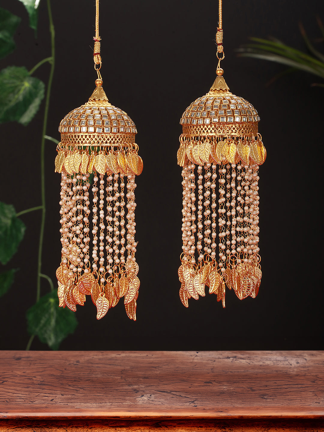 Set Of 2 Gold-Plated Stone Studded & Pearl Beaded Bridal Kaleera Secured With Drawstring Closure.