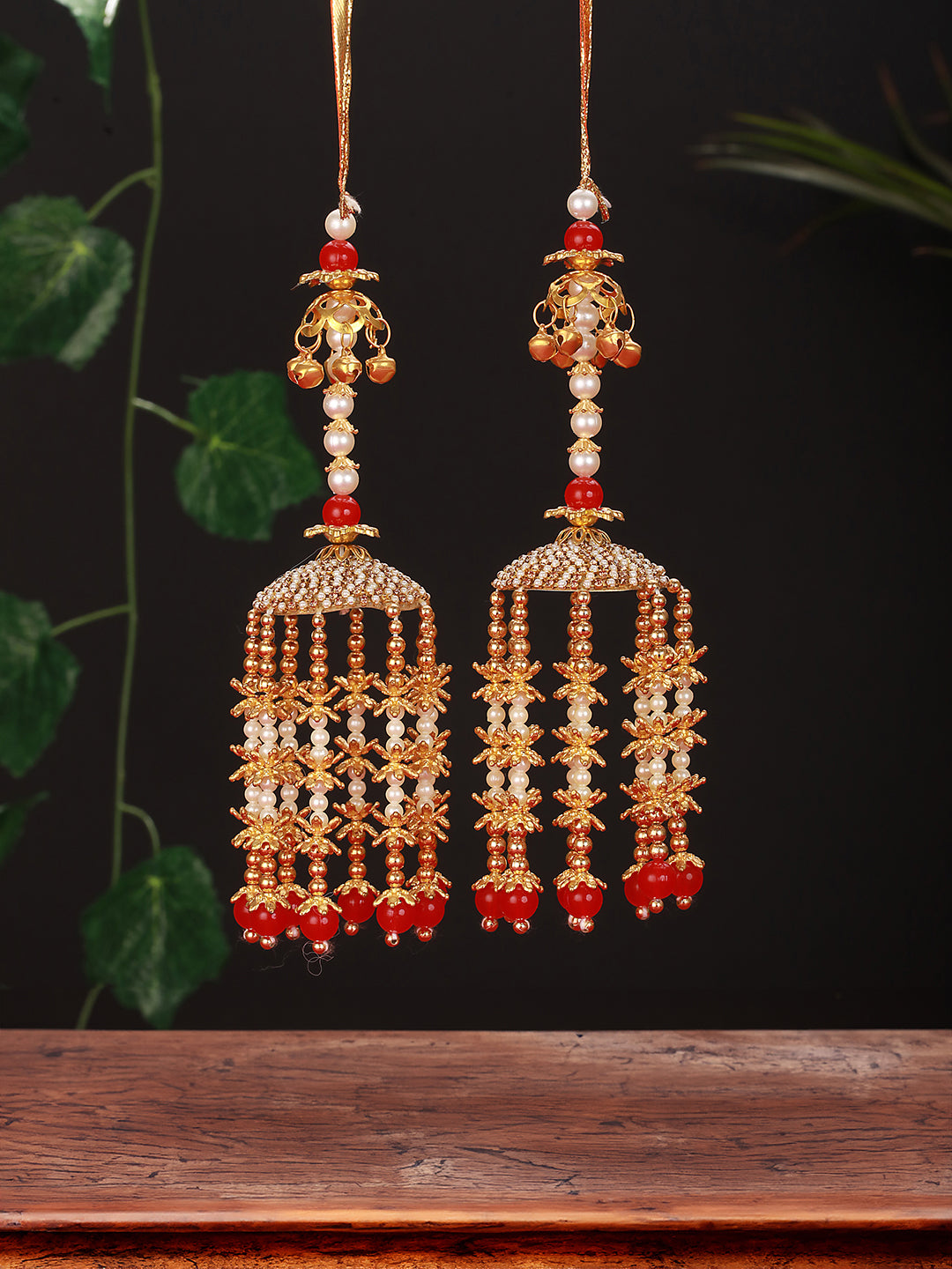 Set Of 2 Gold-Plated Stone-Studded & Beaded Kaleera Secured With Drawstring Closure.