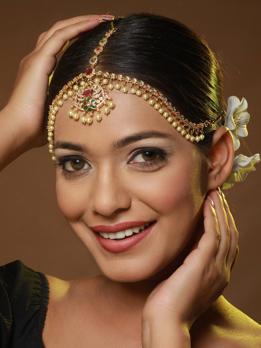 Gold-Plated Ad-Studded & Beaded Matha Patti