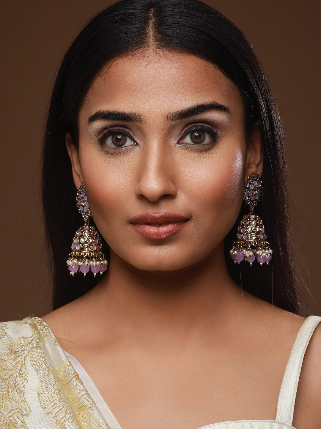 Gold Plated Purple Beaded & White Kundan Studed Jhumka Earrings