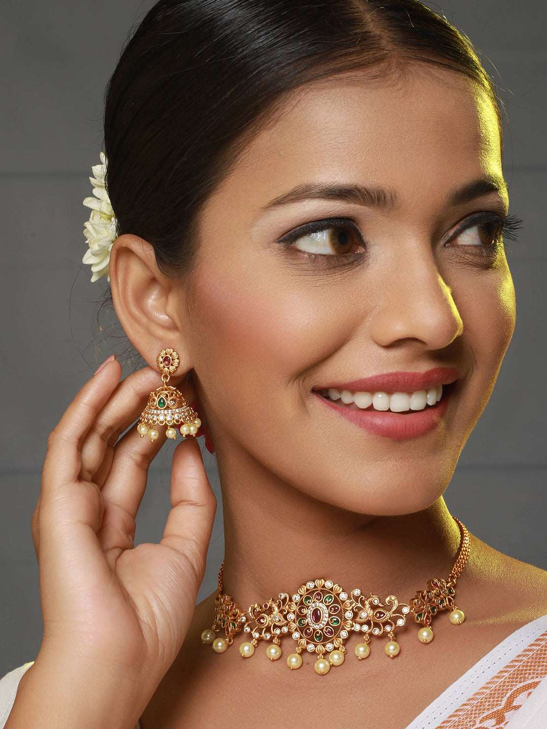24K Gold-Plated Ad Studded & Artificial Beaded Jewellery Set