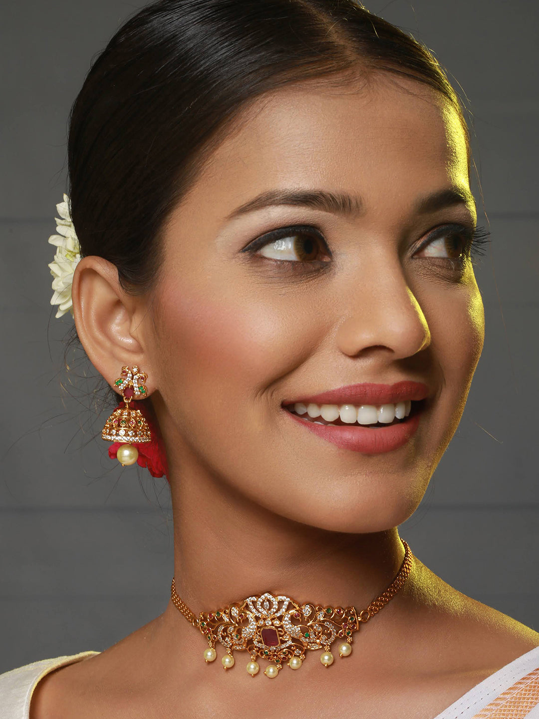 24K Gold-Plated Ad Studded & Artificial Beaded Temple Jewellery Set