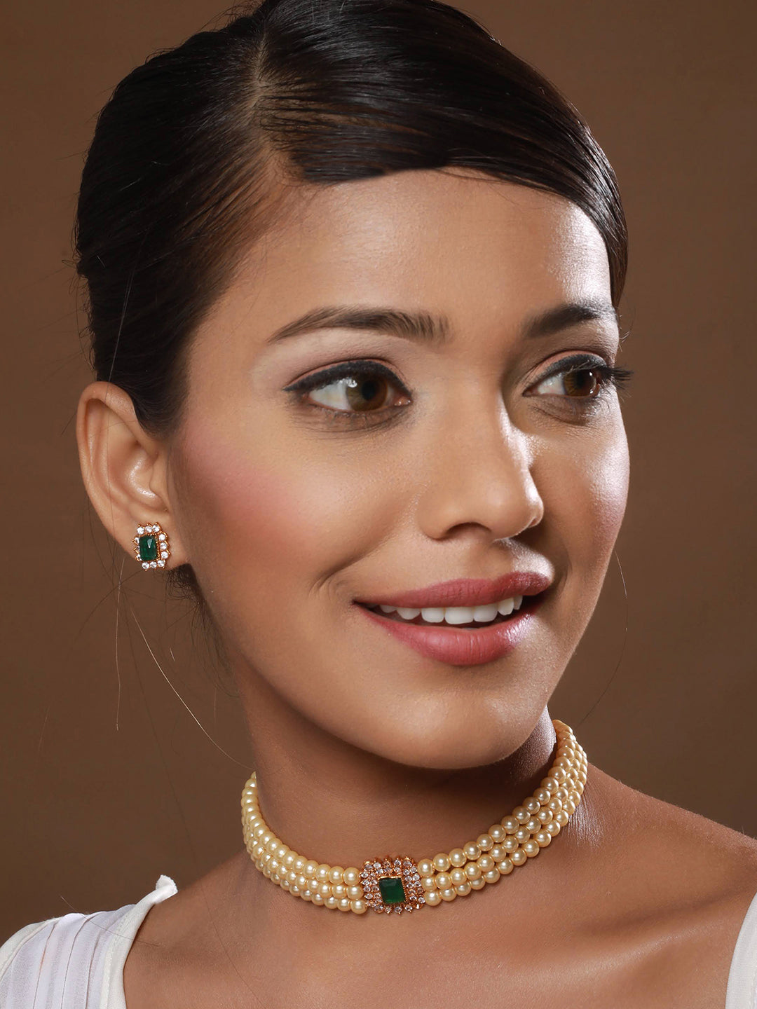 Gold-Plated Green Stone-Studded & Beaded Choker Necklace & Earrings